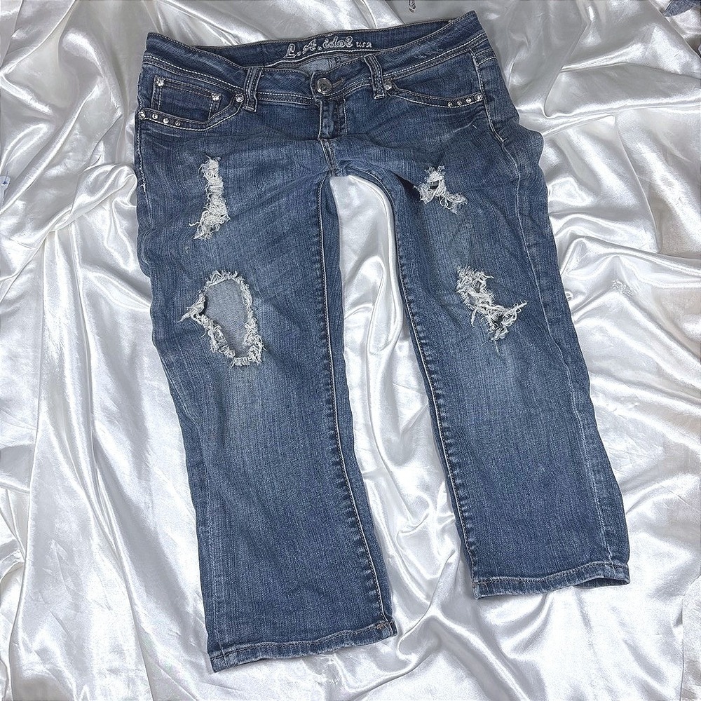 y2k Capris Blue Excellent Distressed Rhinestone L.A. Idol Jeans Low Rise 11